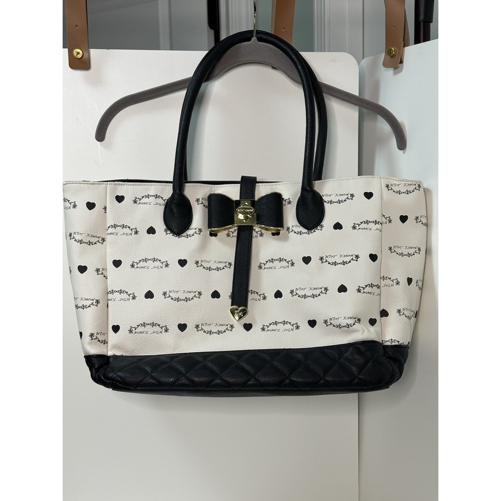 Betsey Johnson Black and White Heart Print Tote with Gold Bow Accent